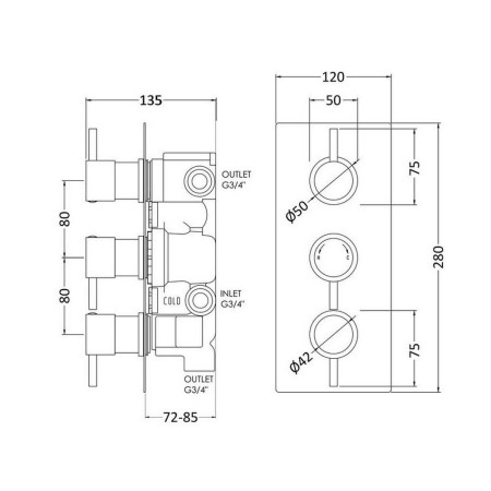 QUEV56 Nuie Round Chrome Triple Shower Valve with Diverter Line Drawing