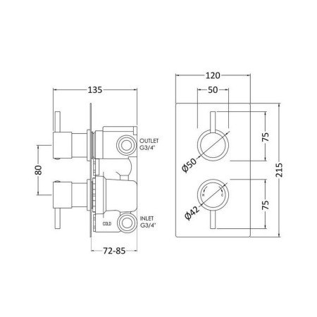 QUEV52 Nuie Round Chrome Twin Shower Valve with Two Outlets and Diverter Line Drawing