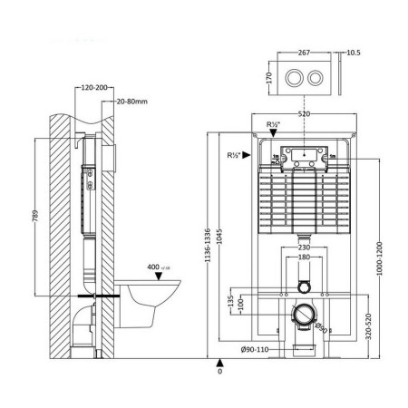 XTY009R Nuie Round Dual Flush Concealed WC Cistern with Wall Hung Frame Line Drawing