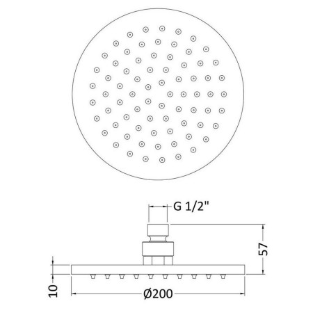 STY069 Nuie Round LED 200mm Fixed Shower Head in Chrome Line Drawing