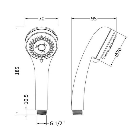 A371 Nuie Round Three Function Shower Handset Line Drawing