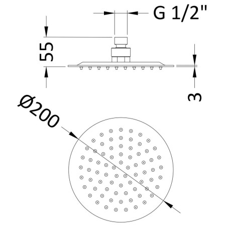 A15082 Nuie Rounded Brushed Bronze 200mm Fixed Shower Head Line Drawing