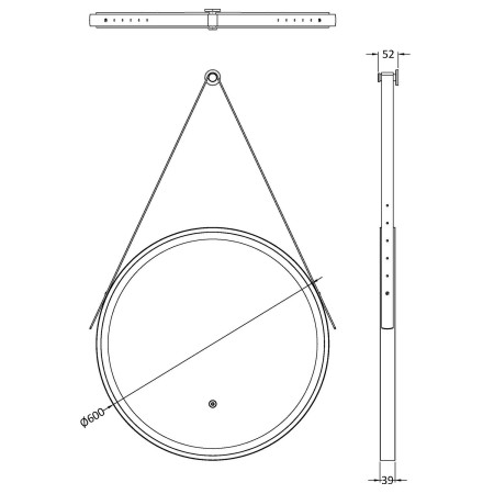 LQ711 Nuie Salana 600mm Black Framed LED Mirror with Touch Sensor and Strap Line Drawing