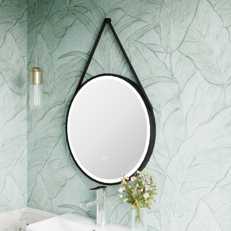 LQ711 Nuie Salana 600mm Black Framed LED Mirror with Touch Sensor and Strap Switched On