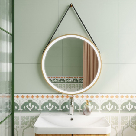LQ722 Nuie Salana 800mm Brushed Brass Framed LED Mirror with Touch Sensor and Strap Lifestyle