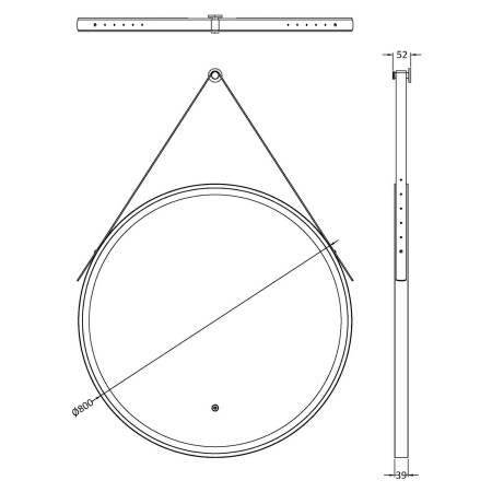 LQ722 Nuie Salana 800mm Brushed Brass Framed LED Mirror with Touch Sensor and Strap Line Drawing