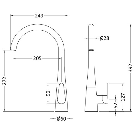 KSA605SL Nuie Samir Mono Single Lever Kitchen Tap in Brushed Nickel Line Drawing