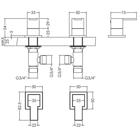SAN308 Nuie Sanford Chrome 3/4 Side Valves Line Drawing
