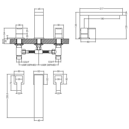 SAN333 Nuie Sanford Chrome 3TH Bath Filler Line Drawing
