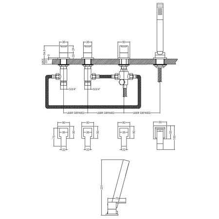 SAN334 Nuie Sanford Chrome 4TH Bath Shower Mixer Line Drawing