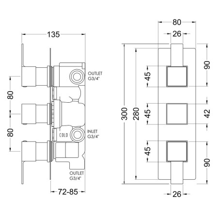 SANTR03 Nuie Sanford Chrome Triple Thermostatic Shower Valve with Diverter Line Drawing