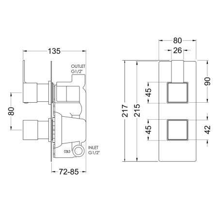 SANTW01 Nuie Sanford Chrome Twin Thermostatic Shower Valve Line Drawing