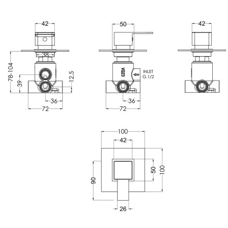 SANWD14 Nuie Sanford Square Chrome Concealed Diverter Valve Line Drawing