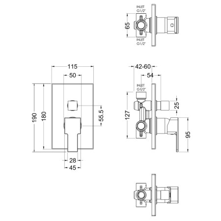 SANMV12 Nuie Sanford Square Chrome Manual Shower Valve with Diverter Line Drawing