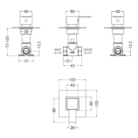 SANST10 Nuie Sanford Square Chrome Stop Tap Line Drawing