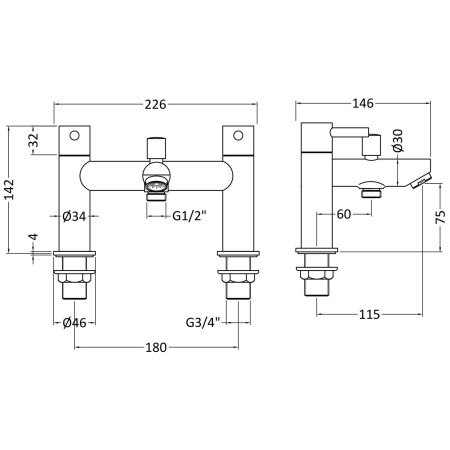 FJ314 Nuie Series 2 Bath Shower Mixer Line Drawing