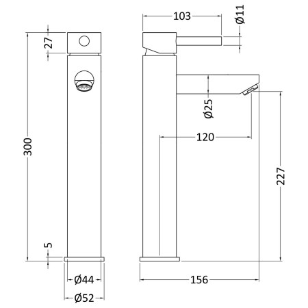 FJ319 Nuie Series 2 High Rise Basin Mixer Line Drawing