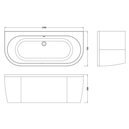 BSG003 Nuie Shingle Curved Back To Wall 1700 x 750mm Bath Line Drawing