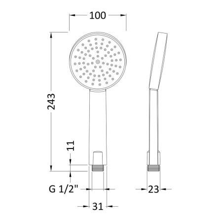 HS001 Nuie Single Function Water Saving Shower Handset Line Drawing