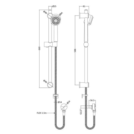 A3040 Nuie Slider Rail Kit with Adjustable Brackets and Multi Function Handset Line Drawing