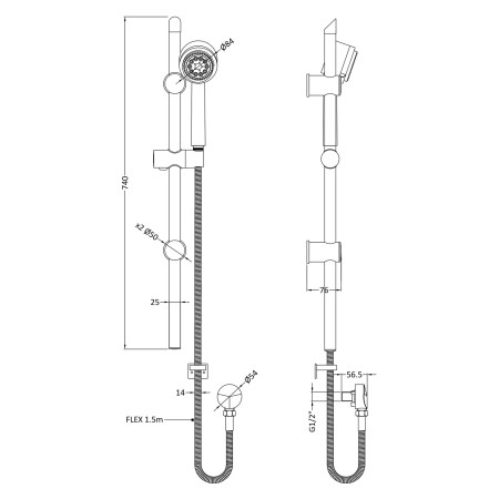 STY042 Nuie Slider Rail Kit with Multi Function Handset and Outlet Elbow Dimensions