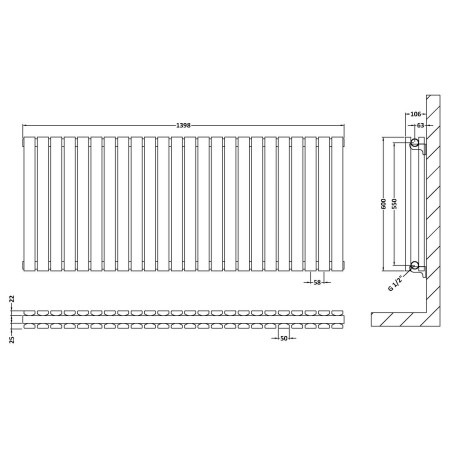 HLA59D Nuie Sloane Horizontal Anthracite 600 x 1398mm Radiator Double Panel Line Drawing