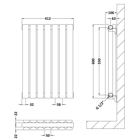 HLA54D Nuie Sloane Horizontal Anthracite 600 x 412mm Radiator Double Panel Line Drawing
