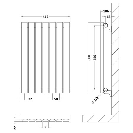 HLA54 Nuie Sloane Horizontal Anthracite 600 x 412mm Radiator Single Panel Line Drawing