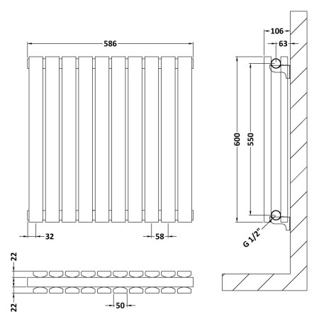 HLA55D Nuie Sloane Horizontal Anthracite 600 x 586mm Radiator Double Panel Line Drawing