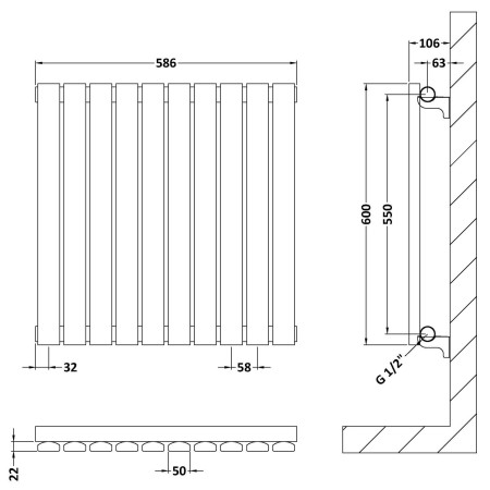 HLA55 Nuie Sloane Horizontal Anthracite 600 x 586mm Radiator Single Panel Line Drawing