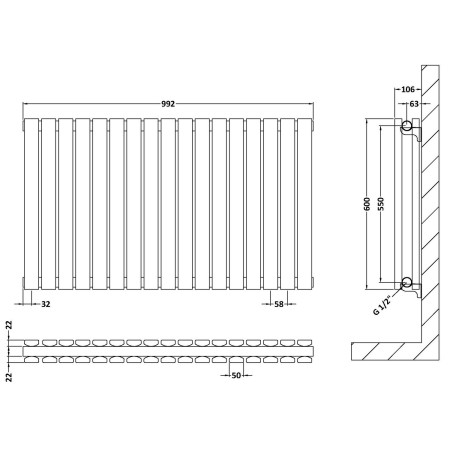 HLA56D Nuie Sloane Horizontal Anthracite 600 x 992mm Radiator Double Panel Line Drawing