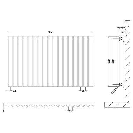 HLA56 Nuie Sloane Horizontal Anthracite 600 x 992mm Radiator Single Panel Line Drawing