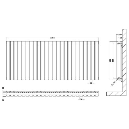 HLW59D Nuie Sloane Horizontal Satin White 600 x 1398mm Radiator Double Panel Line Drawing