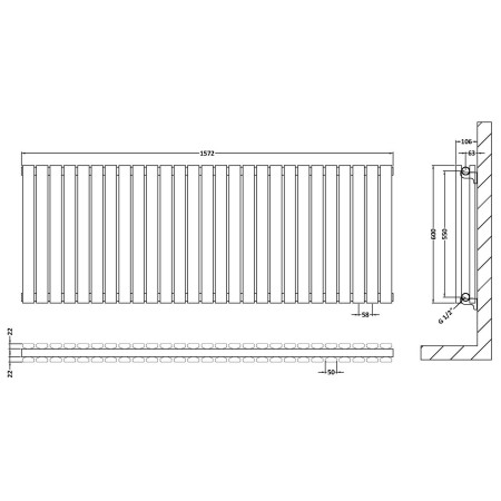 HLW60D Nuie Sloane Horizontal Satin White 600 x 1572mm Radiator Double Panel Line Drawing