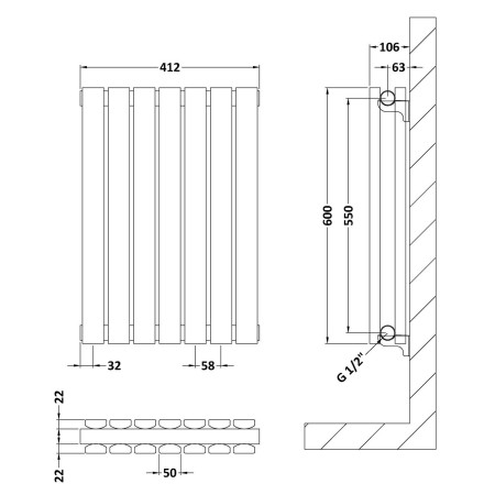 HLW54D Nuie Sloane Horizontal Satin White 600 x 412mm Radiator Double Panel Line Drawing