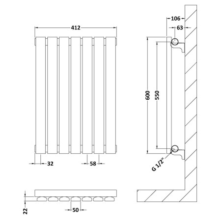 HLW54 Nuie Sloane Horizontal Satin White 600 x 412mm Radiator Single Panel Line Drawing