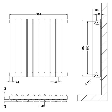 HLW55D Nuie Sloane Horizontal Satin White 600 x 586mm Radiator Double Panel Line Drawing