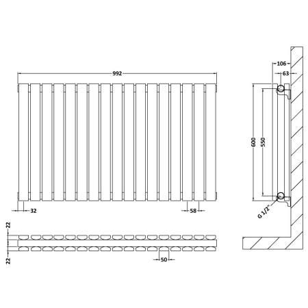 HLW56D Nuie Sloane Horizontal Satin White 600 x 992mm Radiator Double Panel Line Drawing