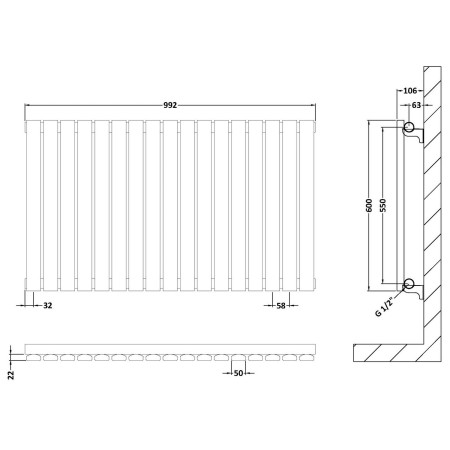 HLW56 Nuie Sloane Horizontal Satin White 600 x 992mm Radiator Single Panel Line Drawing