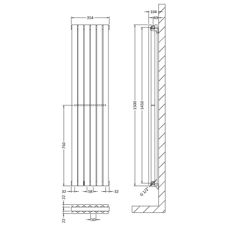 HLA73 Nuie Sloane Vertical Anthracite 1500 x 354mm Radiator Double Panel Line Drawing