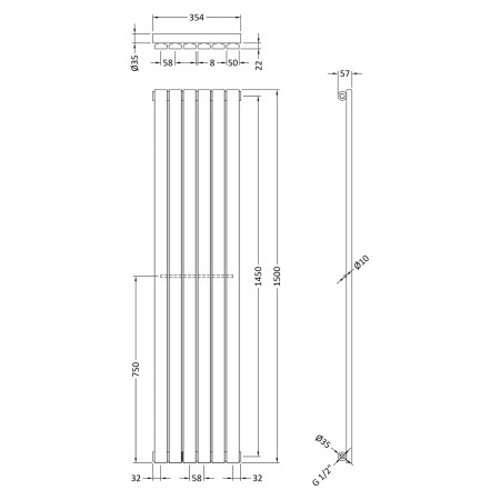 HLA71 Nuie Sloane Vertical Anthracite 1500 x 354mm Radiator Single Panel Line Drawing