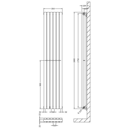 HLA74 Nuie Sloane Vertical Anthracite 1800 x 354mm Radiator Double Panel Line Drawing