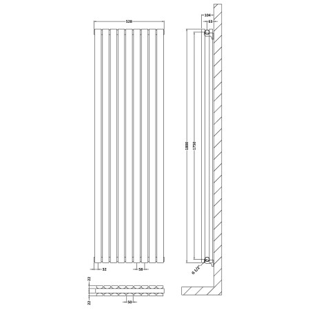 HLA47D Nuie Sloane Vertical Anthracite 1800 x 528mm Radiator Double Panel Line Drawing