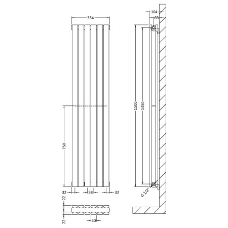 HLW43 Nuie Sloane Vertical Satin White 1500 x 354mm Radiator Double Panel Line Drawing