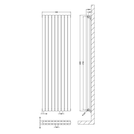 HLW47D Nuie Sloane Vertical Satin White 1800 x 528mm Radiator Double Panel Line Drawing