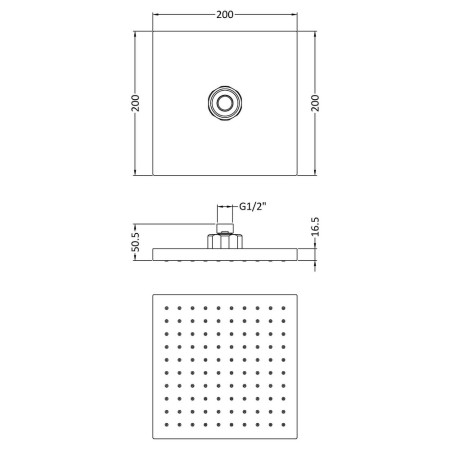 HEAD50 Nuie Square 200mm Fixed Shower Head in Chrome Line Drawing