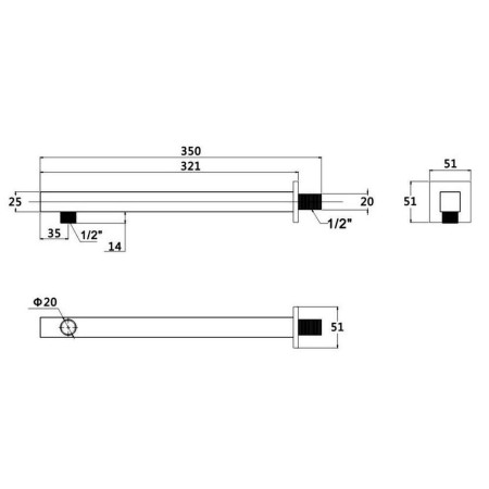 ARM19 Nuie Square 350mm Wall Mounted Shower Arm in Chrome Line Drawing