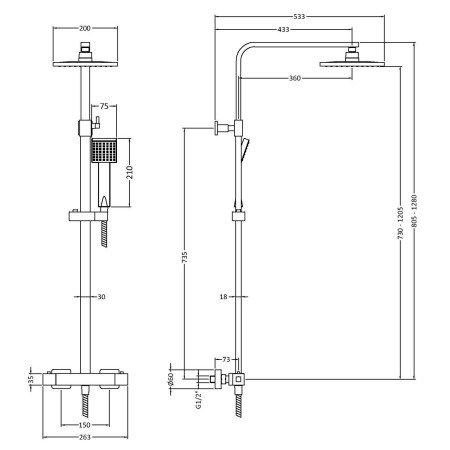 JTY1586 Nuie Square Brushed Bronze Thermostatic Bar Shower Valve and Kit Dimensions