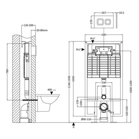 XTY009S Nuie Square Dual Flush Concealed WC Cistern with Wall Hung Frame Line Drawing