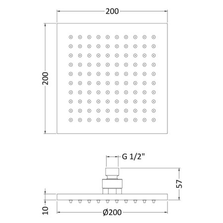 STY070 Nuie Square LED 200mm Fixed Shower Head in Chrome Line Drawing